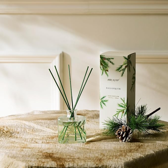 Airkeep Reed Diffuser,6.76 fl oz Balsam & Fir Home Fragrance Diffuser Set Includes 8 Reed Diffuser Sticks, Fragrance Oil Diffuser - Aromatherapy Diffuser Home Bedroom Office Decor & Gift