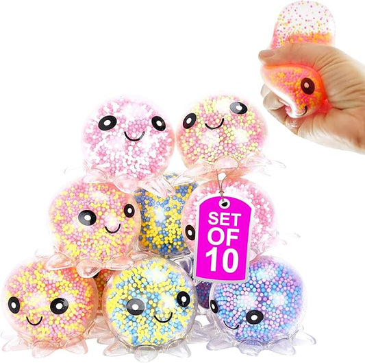 Neliblu Squishy Octopus Balls - Jumbo Mochi Squishy Toys - Easter Basket Stuffers for Teens - Glow-in-The-Dark - Stress Balls for Kids and Adults - 2.3x1.8x1.7 inches (Multicolor) Set of 10