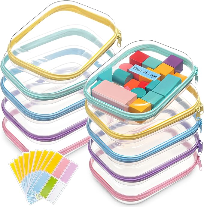 Sanwuta 10 Pcs Hard Zipper Case Clear Hard Pouches Plastic Zipper Pencil Box Toy Storage Bins Portable Plastic Container for Travel Toiletry Office Cosmetic Block Puzzle Organizer(S/m,Macaron Color)
