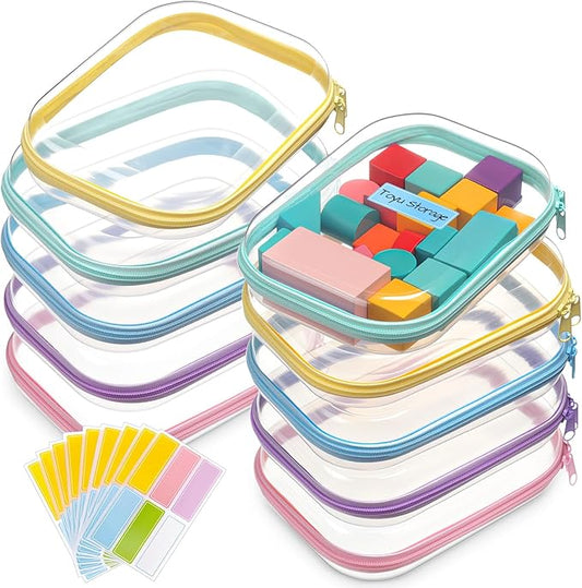 Sanwuta 10 Pcs Hard Zipper Case Clear Hard Pouches Plastic Zipper Pencil Box Toy Storage Bins Portable Plastic Container for Travel Toiletry Office Cosmetic Block Puzzle Organizer(S/m,Macaron Color)