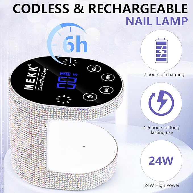 MEKK Cordless Mini UV Light for Gel Nails - 24W Rechargeable Mini UV LED Nail Lamp with Touch Control & Auto Sensor,Diamond Flash Cure Lamp,4 Timers,Portable Nail Light for Salon & Home-Diamond White