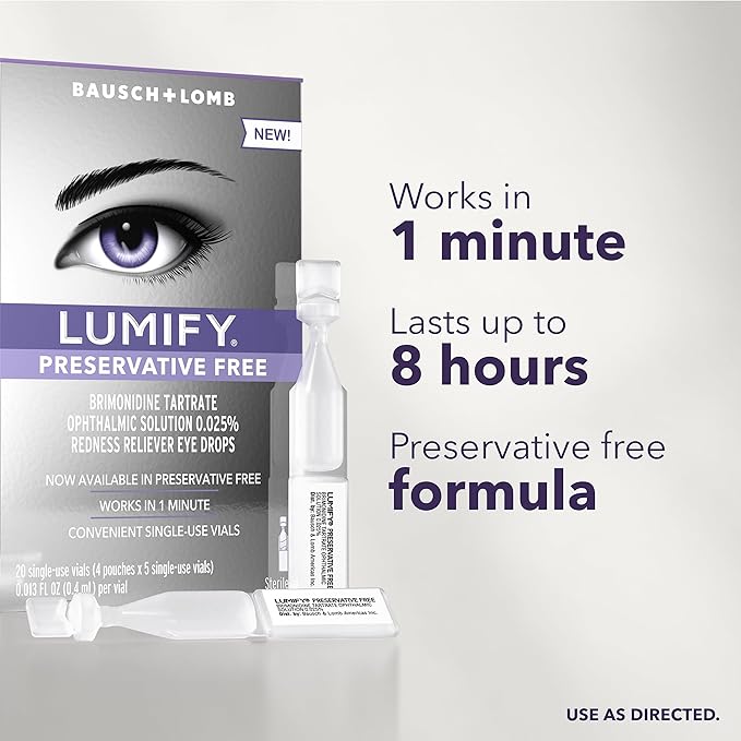 LUMIFY Preservative Free Eye Drops for Red Eyes, Redness Reliever for Sensitive Eye, Brighter and Whiter Looking Eyes, Works in 1 Minute & Lasts Up to 8 Hours, 20 Single-Use Vials