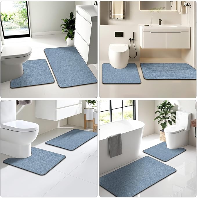 Toilet Rugs U Shaped Washable 24x20, Ultra Thin Toilet Rug Super Absorbent, Toilet Mat Rubber Backing Non-Slip, Toilet Mats Machine Washable Dry Quickly, Contour Bathroom Rugs for Toilet-Blue