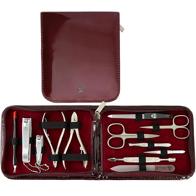 3 Swords Germany - brand quality 12 piece manicure pedicure grooming kit set for professional finger & toe nail care with burgundy synthetic leather case - Made in Germany