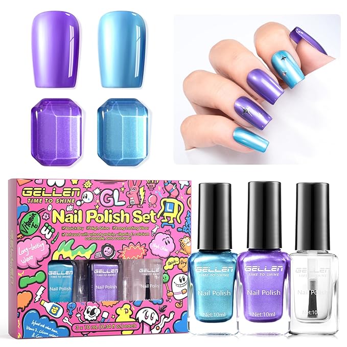 GELLEN Metallic Nail Polish, Chrome Mirror Purple Blue Nail Polish with 3-in-1 Base Coat Top Coat Strengthener Polish, Quick Air Dry Nail Lacquer Set, DIY Nail Art Manicure Gift for Women