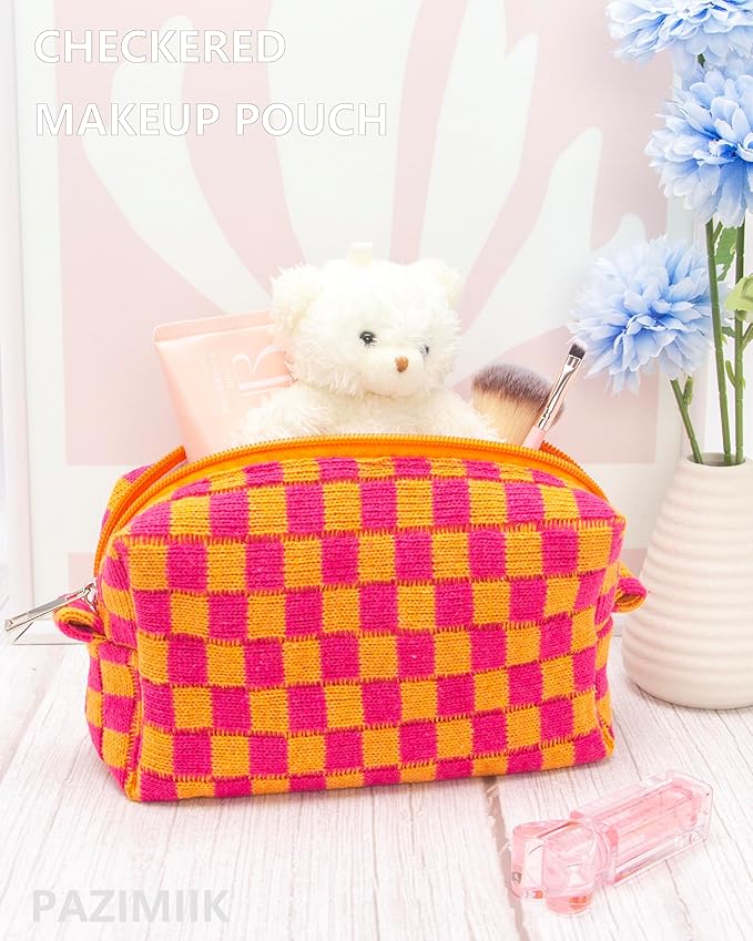 PAZIMIIK 6PCS Checkered Makeup Bag for Purse Portable Zipper Make Up Pouch Small Cosmetic Case for Travel Red Orange