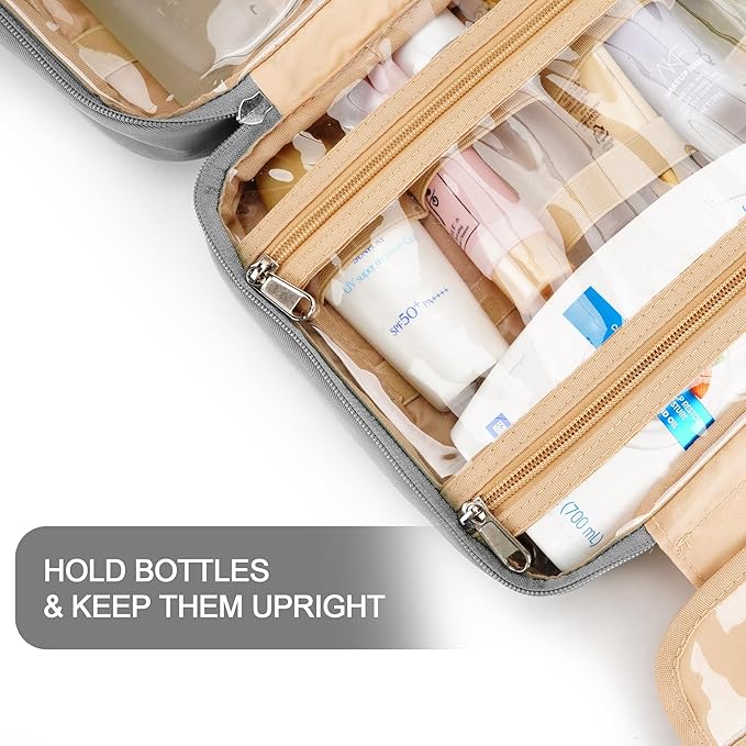 Travel Hanging Toiletry Bag for Women, with Jewelry Organizer Compartment, Medium Waterproof Hanging Makeup Accessories, Cosmetic Essentials, Toiletries Dopp Kit Set with Trolley Belt, Grey