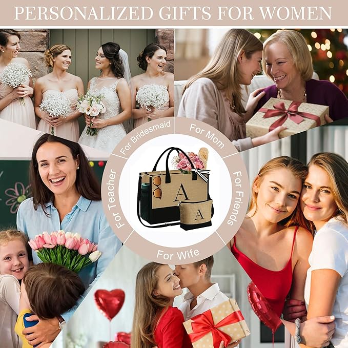 YOOLIFE Christmas Gifts for Women - Initial Jute Tote Bag & Makeup Bag, Birthday Gifts for Women Mom Wife Teacher Friend