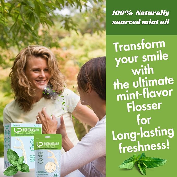 Twin Line Biodegradable Floss Picks (220 Count) - Compostable Tooth Flossers Minty Fresh-Double Thread 2X The Clean | Bonus Travel Case | Thing Thread Glide Easy & Shred-Resistant