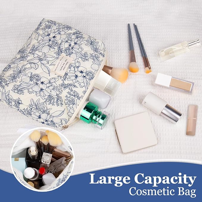 2PC Makeup Bag Set, Cute Cosmetic Bag for Women Girls, Floral Coquette Aesthetic Toiletry Bag, Travel Make Up Organizer Bag (Care Bear)