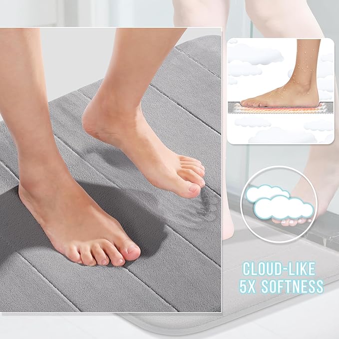 Yimobra Memory Foam Bath Mat, Super Soft Absorbent Bathroom Rug Non Slip, Quick Dry, Machine Washable Floor Carpet for Tub Shower, Home Decor Accessories, 24x17, Grey
