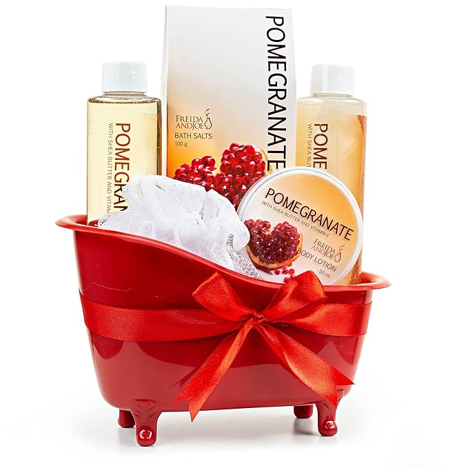 Red Pomegranate Home Spa Bath Basket - Bath & Body Set For Women - Contains Shower Gel, Bubble Bath, Body Lotion, Pomegranate Bath Salt & Pouf in Red Tub