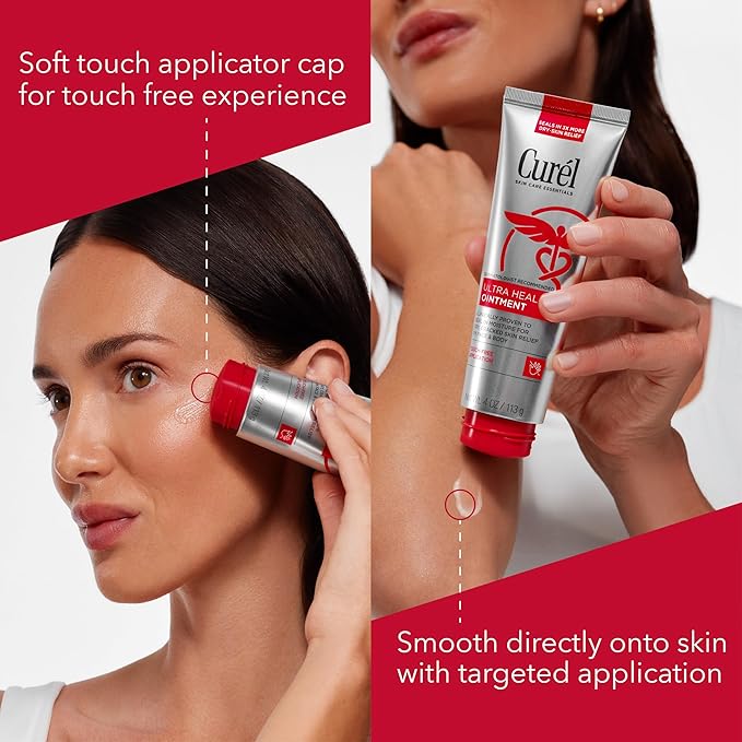 Curel Ultra Healing Ointment, Healing Ointment with Touch Free Applicator, Body and Face Moisturizer for Women and Men, 4 Oz