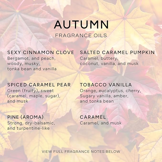 Eternal Essence Oils Autumn Set of 6 Premium Fragrance Oils - Includes Sexy Cinnamon Clove, Salted Caramel Pumpkin, Spiced Caramel Pear, Tobacco Vanilla, Pine, and Caramel Scented Oils - 10ML