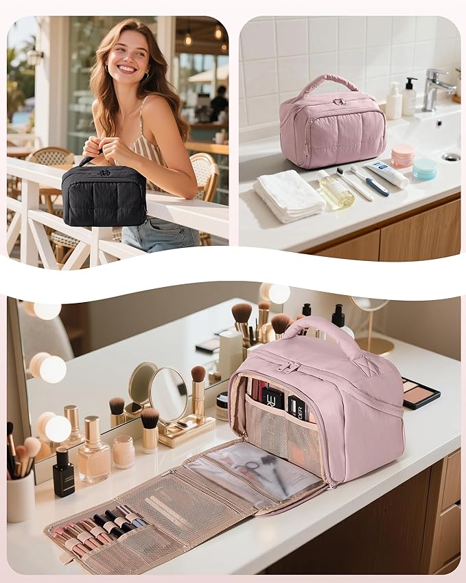 Travel Makeup Bag for Women, Toiletry Organizer with Waterproof Pockets, Puffy Cosmetics Pouch for Makeup Brushes, Skincare & Travel Essentials, Pink (Bag only)