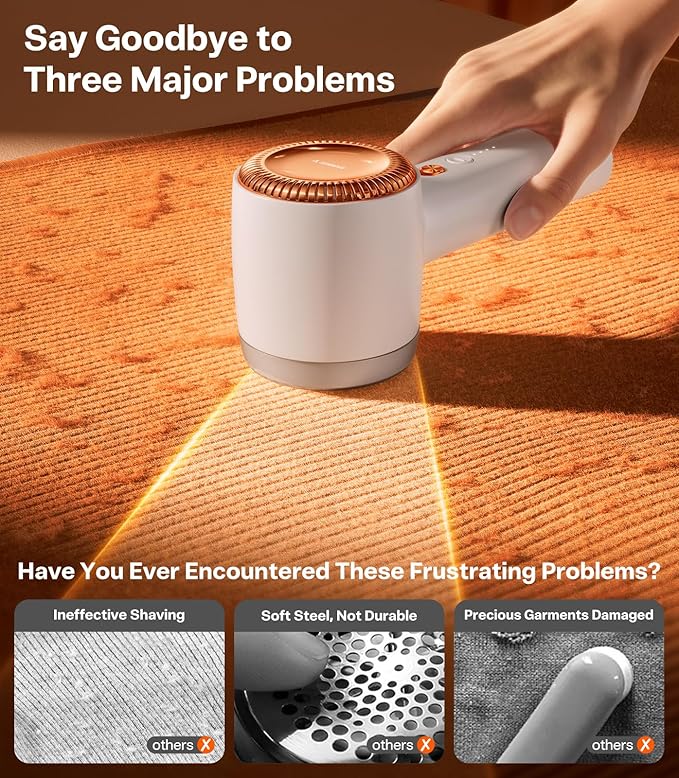 TORRAS Fabric Shaver Lint Remover, Rechargeable Electric 3-Speed Sweater Shaver Remove Fuzz, Pilling for Cashmere, Wool, Coat, Furniture, Clothes depiller with Replacement Blades, Pearl White