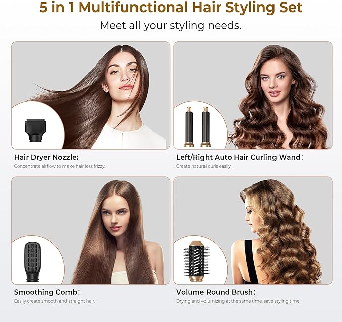 5 in 1 Blow Dryer Brush,Hair Dryer Brush with Detachable Air Styler,Negative Ionic Magic Hair Styler,Hot Air Brush for Women Volumizer,Straightener,Drying