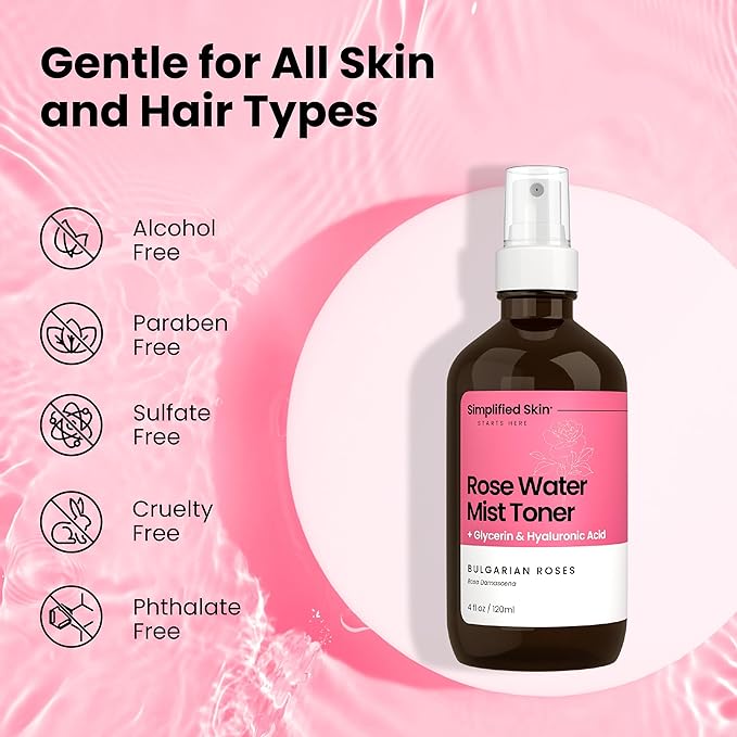 Rosewater and Glycerin Spray – Hydrating & Refreshing Rose Water Spray for Face & Hair – Facial Mist Toner with Hyaluronic Acid to Soothe, Soften, Tone & Prep Skin – Alcohol-Free, 4 Fl Oz