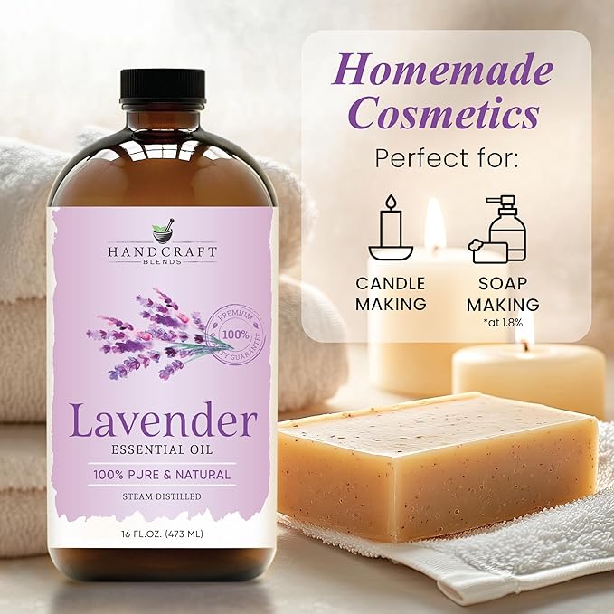 Handcraft Blends Lavender Essential Oil in Glass Bottle – Huge 16 Fl Oz – 100% Pure and Natural – Premium Grade Oil for Diffuser and Aromatherapy, Skin, Massage, Candle and Soap Making Fragrance