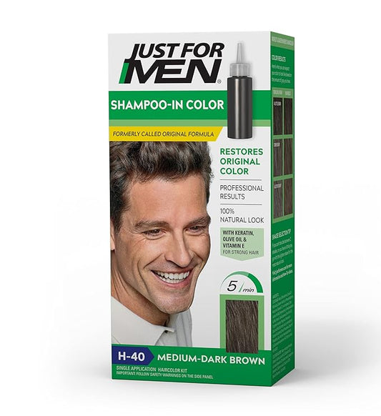 Just For Men Shampoo-In Color (Formerly Original Formula), Mens Hair Color with Keratin and Vitamin E for Stronger Hair - Medium-Dark Brown, H-40, Pack of 1