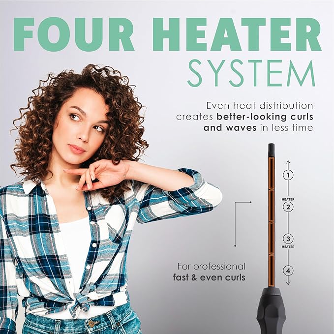MINT Professional Clamp-Free Curling Wand 3/8 Inch for Long Hair | Extra Long Curl Wand 4-Heater Ionic Ceramic Tourmaline Barrel | Best Curling Wands | Adjustable 230-430°F | Worldwide Dual Voltage
