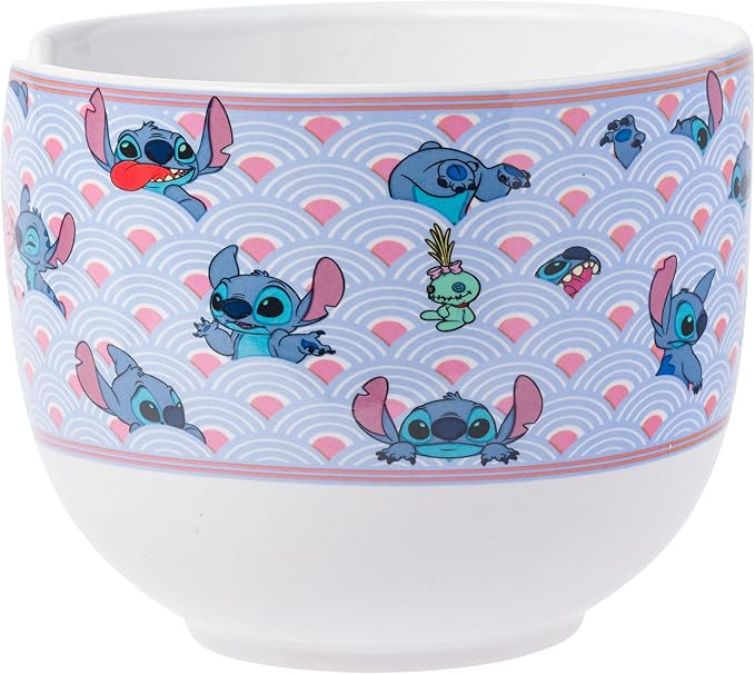 Silver Buffalo Lilo and Stitch Scrump Waves Japanese Pattern Ceramic Ramen Noodle Rice Bowl with Chopsticks and Spoon, Microwave Safe, 20 Ounces