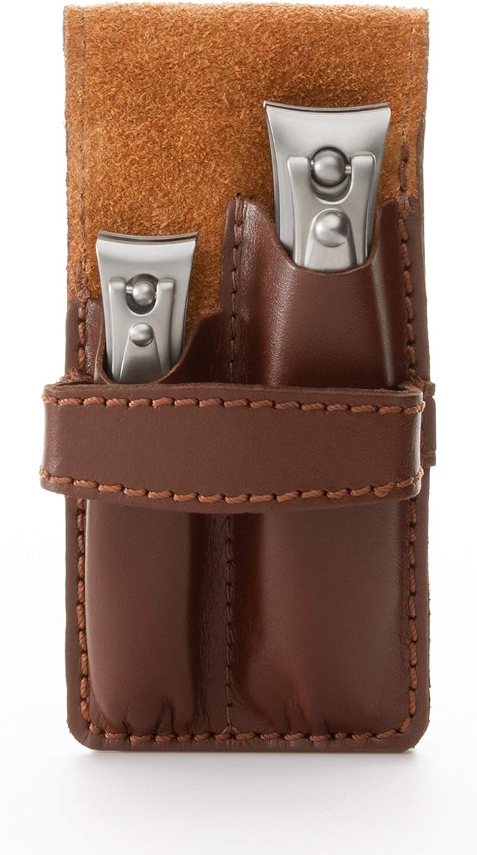 GERMANIKURE Nail Clippers Set in Brown Leather Case – Ethically Made in Solingen Germany, FINOX Stainless Steel Tools – Professional Quality Manicure & Pedicure Kit