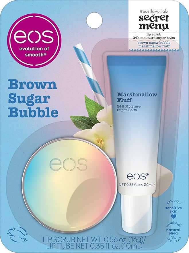eos Flavor Lab Secret Menu Gift Set - Brown Sugar Boba Lip Scrub Exfoliator & 24H Moisture Super Balm, Limited-Edition Lip Treatment, Nourishing, 2-Pack