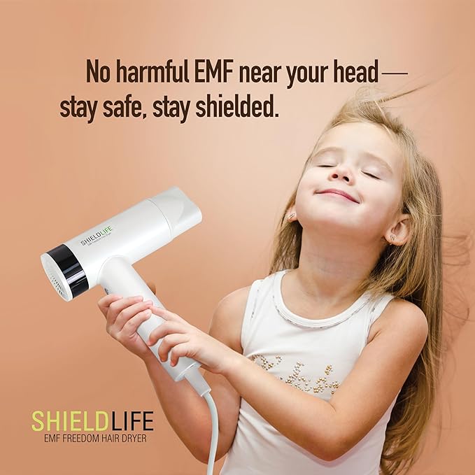 Hair Dryer -99% EMF Blocking- Fast Drying, Damage-Free, Negative Ion Technology, Compact & Lightweight, Magnetic Nozzle Cap, 3 Speeds & 3 Temperature Settings by Shield Life.
