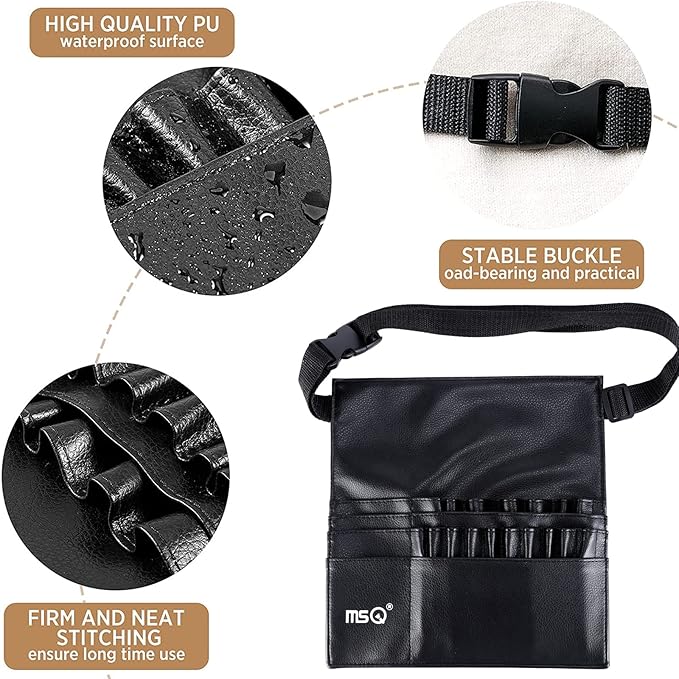 MSQ 23 Pockets Professional Cosmetic Makeup Brush Bag with Adjustable Artist Belt Strap Multi Pockets PU Leather Portable Cosmetic Brush Holder Organizer (Brush Not Included)