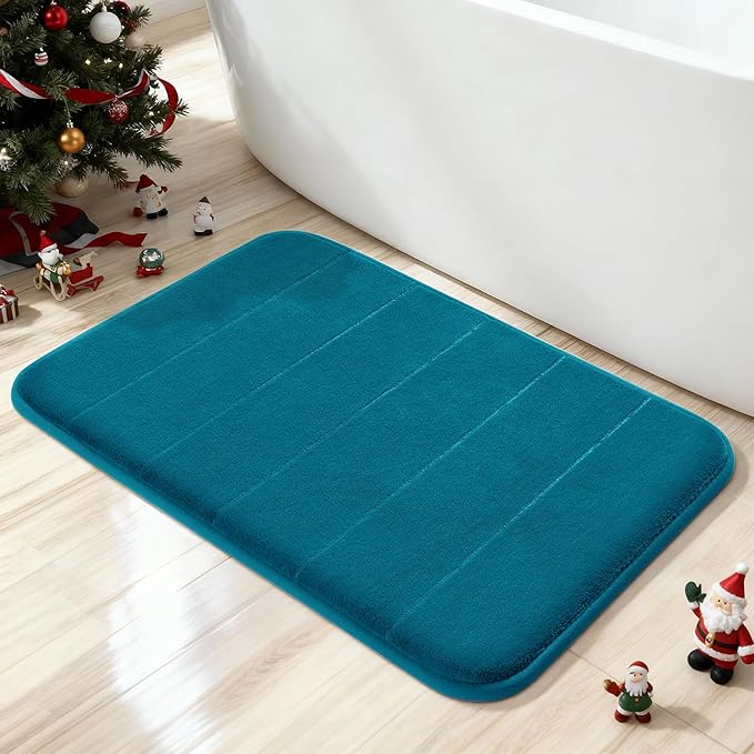 Yimobra Memory Foam Bath Mat, Super Soft Absorbent Bathroom Rug Non Slip, Quick Dry, Machine Washable Floor Carpet for Tub Shower, Home Decor Accessories, 24x17, Peacock Blue