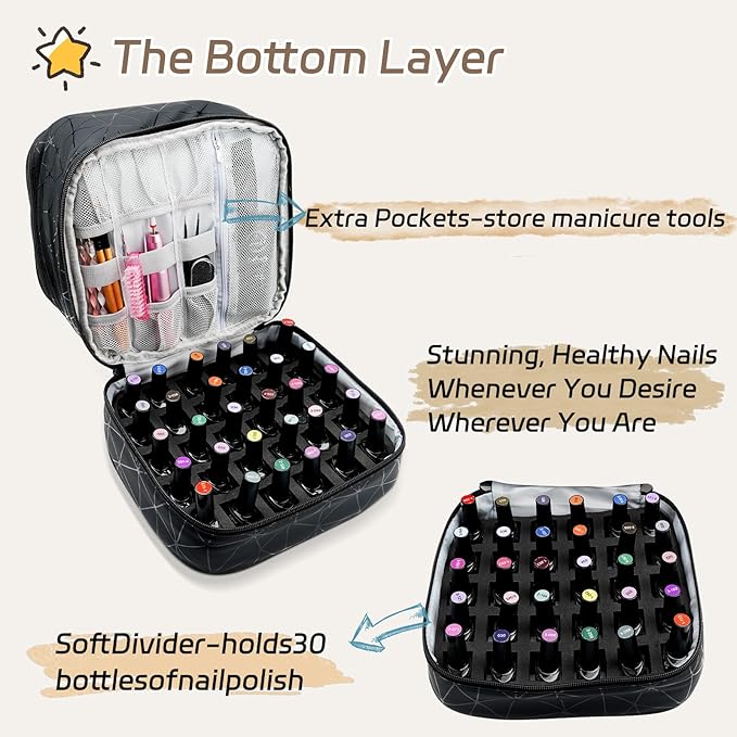 LKE Nail Polish Organizer, Nail Organizers and Storage - Double Layer Holder for Painting Nails, Holds 30 Bottles & Nail Lamp, PU Leather Professional Manicure Case with 2 Bags, Travel Essential