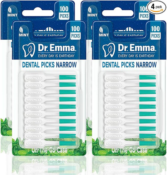 Dr. Emma Dental Picks Narrow Space Mint Soft Rubberized Tooth Picks Tight Floss Pick Easy to Use Brush Picks for Teeth Cleaning and Gum Health 100Ct/Pack, 4 Pack(400Ct)