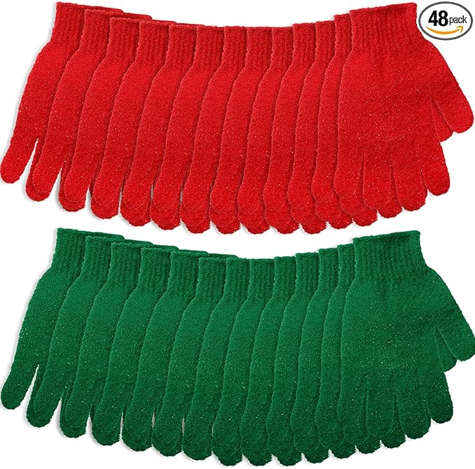 48 Pcs Red and Green Exfoliating Gloves Shower Gloves Bulk Double Sided Body Scrub Exfoliate Glove for Women & Men Bath Shower Beauty Spa Massage Scrubber Christmas Stocking Stuffing Gifts