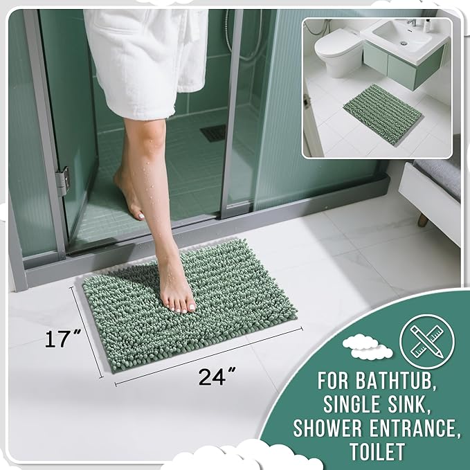 Yimobra Bathroom Rugs Non Slip Washable - Ultra Soft Absorbent Chenille Bath Mat, Quick Dry Shaggy Floor Carpet for Tub Shower, Green Home Decor Accessories, 24x17 Inch