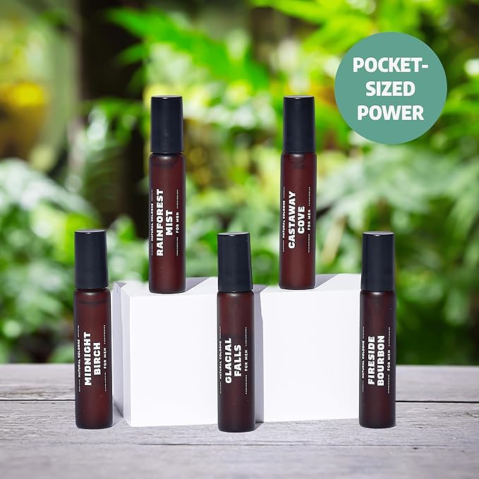 Dr. Squatch Natural Cologne for Men - Mini Cologne Trial Set - Midnight Birch, Rainforest Mist, Glacial Falls, Castaway Cove, Fireside Bourbon (0.17 fl oz, 5-Pack)