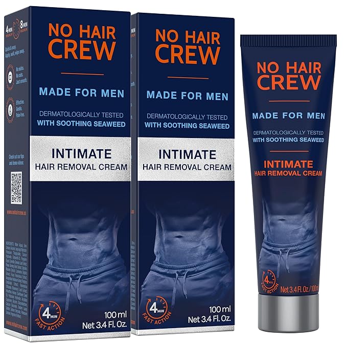 No Hair Crew Intimate/Private At Home Hair Removal Cream for Men - Painless, Flawless, Soothing Depilatory for Manscaping Unwanted Coarse Male Body Hair, 100ml (2 Pack)