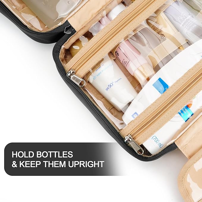 Travel Hanging Toiletry Bag for Women, with Jewelry Organizer Compartment, Medium Waterproof Hanging Makeup Accessories, Cosmetic Essentials, Toiletries Dopp Kit Set with Trolley Belt, Black