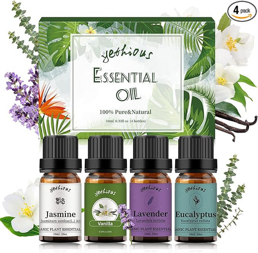 yethious 4 Pack Lavender Jasmine Vanilla Eucalyptus Essential Oil Set Vanilla Essential Oil for Diffuser, Soap/Candles Making Jasmine Essential Oil - Lavender, Jasmine, Vanilla, Eucalyptus