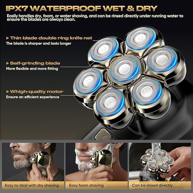 Head Shavers for Bald Men, Electric Razor with 7D Magnetic Shaver Heads, Wet Dry Waterproof Bald Head Trimmer Kit for Women & Men, Nose Ear Hair Trimmer, USB Rechargeable Clippers, Bright Black