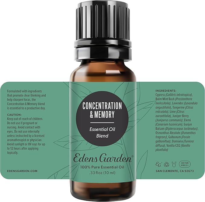 Edens Garden Concentration & Memory Essential Oil Blend- 100% Pure Premium Grade, Undiluted, Natural, Therapeutic, Aromatherapy, The Best for Diffusing, Kid Safe, Humidifiers, Skin 10 ml (.33 fl oz)