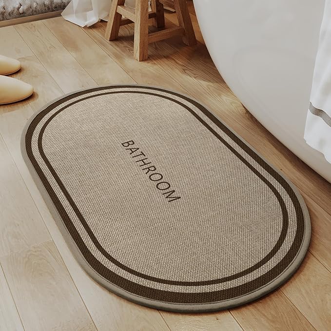 Non-Slip Bath Mat with Upgraded Rubber-Backing, Washable Thin Bath Mats for Bathroom Floor, Absorbent Woven Bathroom Rugs, Quick Dry, Fits Under Door, 20x32, Border Brown