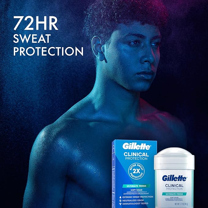 Gillette Clinical Antiperspirant and Deodorant for Men, 72hr Sweat & Odor Protection, Long Lasting Freshness, Anti-White Mark Technology, Soft Solid, Ultimate Fresh Scent, 1.7 oz (Pack of 3)