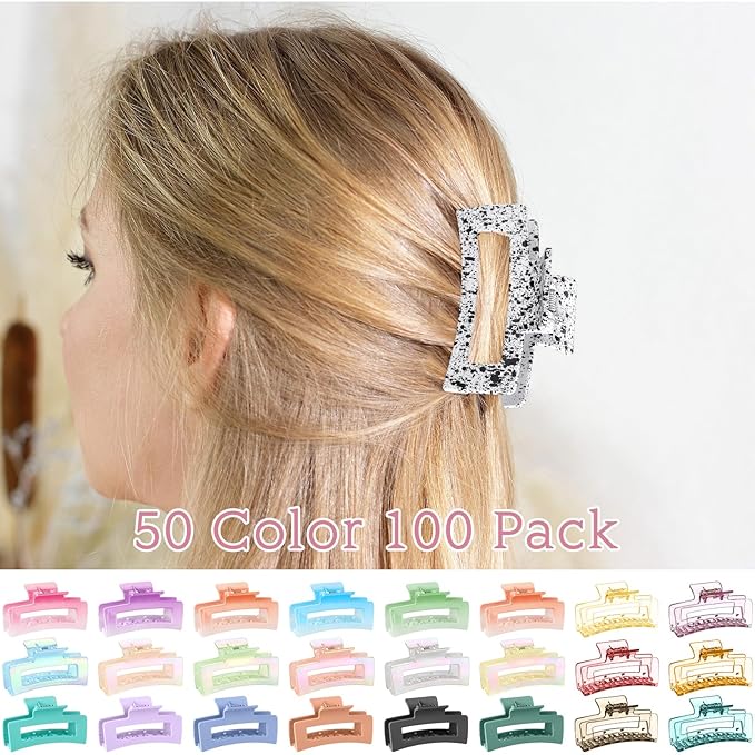 XunYee 100 Pcs Hair Claw Clips Bulk Large Square Jaw Headwear Clips Set for Women Nonslip Rectangle Hair Accessories Clip for Girl Women Gifts Beauty(3.4'',Sweet Colors)