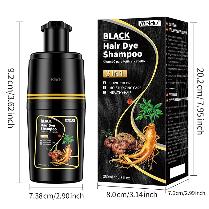 Black Hair dye Shampoo 3 in 1, Natural Hair Color Shampoo for Gray Hair, Tinte Para el Cabello for Women and Men 100% Grey Coverage, 350ml