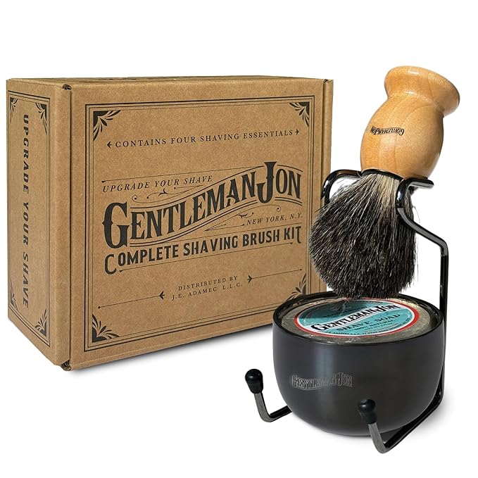 Gentleman Jon Complete Shaving Brush Kit – Old Fashion Shaving Kit for Men, Includes Shave Brush, Bowl, Soap & Stand, Vintage Wet Shave Mug, Barber-Style 4-Piece Gift Set, Men's Barber Accessories
