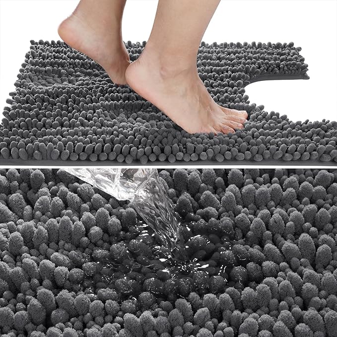 Yimobra Toilet Rug U Shaped Washable 24x20 Inch - Ultra Soft Absorbent Chenille Bath Rugs for Toilet, Quick Dry & Machine Washable, Non Slip Contour Bathroom Mat, Dark Gray