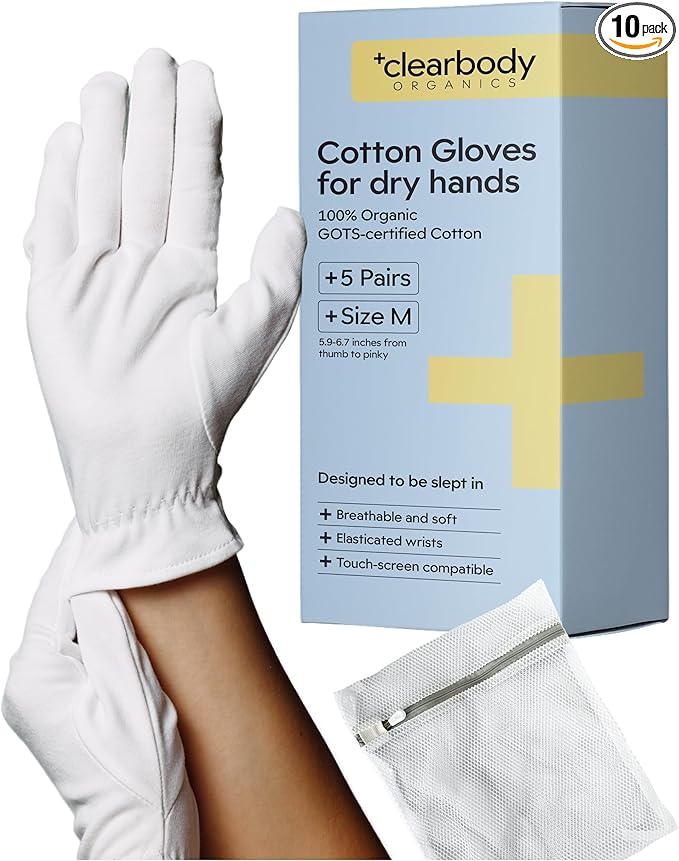 Clearbody Organics 100% Organic Cotton Gloves - 5 Pairs of White Gloves, M - Hand Moisturizer - Sleeping Mitts for Dry Hands - Washable Cotton Liners for Men & Women