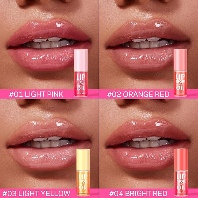 Lip Oil, Tinted Lip Glow Oil – Hydrating & Nourishing, Lip Oils Gift Set, Fruity Plumping Lip Oil Non-Sticky & Glossy Finish, 4 Colors Lip Oils Stain for Girls and Women - Moisturizing Gloss