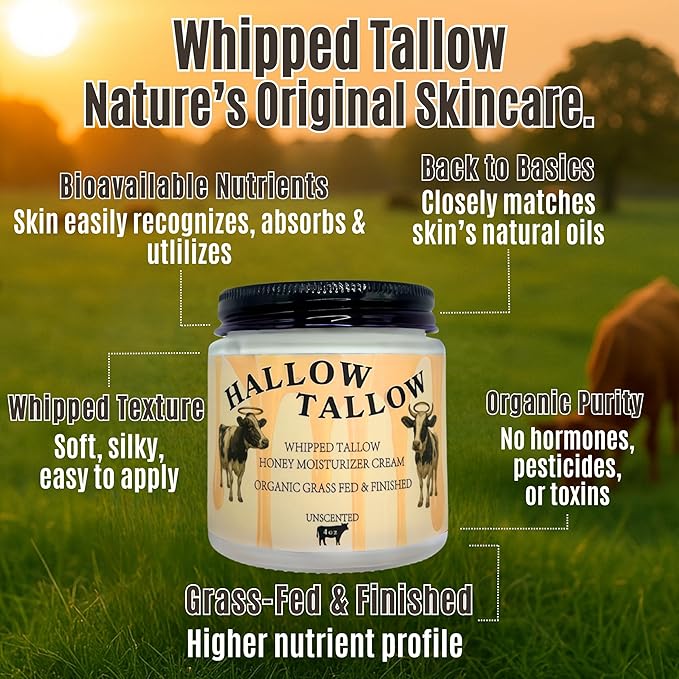 Hallow Tallow Whipped Beef Tallow Moisturizer – 100% Grass-Fed & Finished Tallow Balm with Manuka Honey, Jojoba & Olive Oil, Calendula Extract – Natural Hydrating Face & Body Cream, 4oz